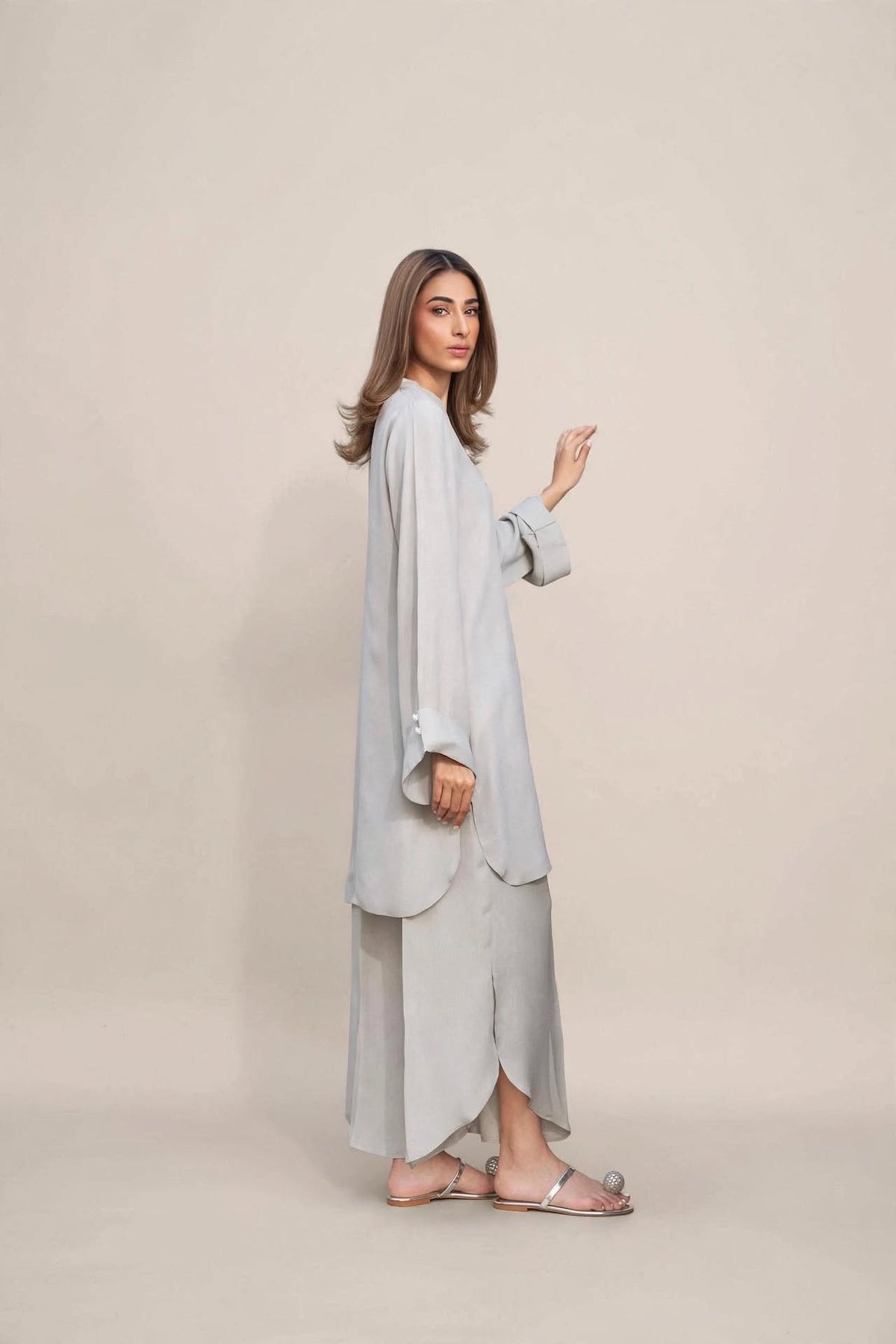 Pearl Grey Kurta Co-ord Set with Pearl Cuff Detail