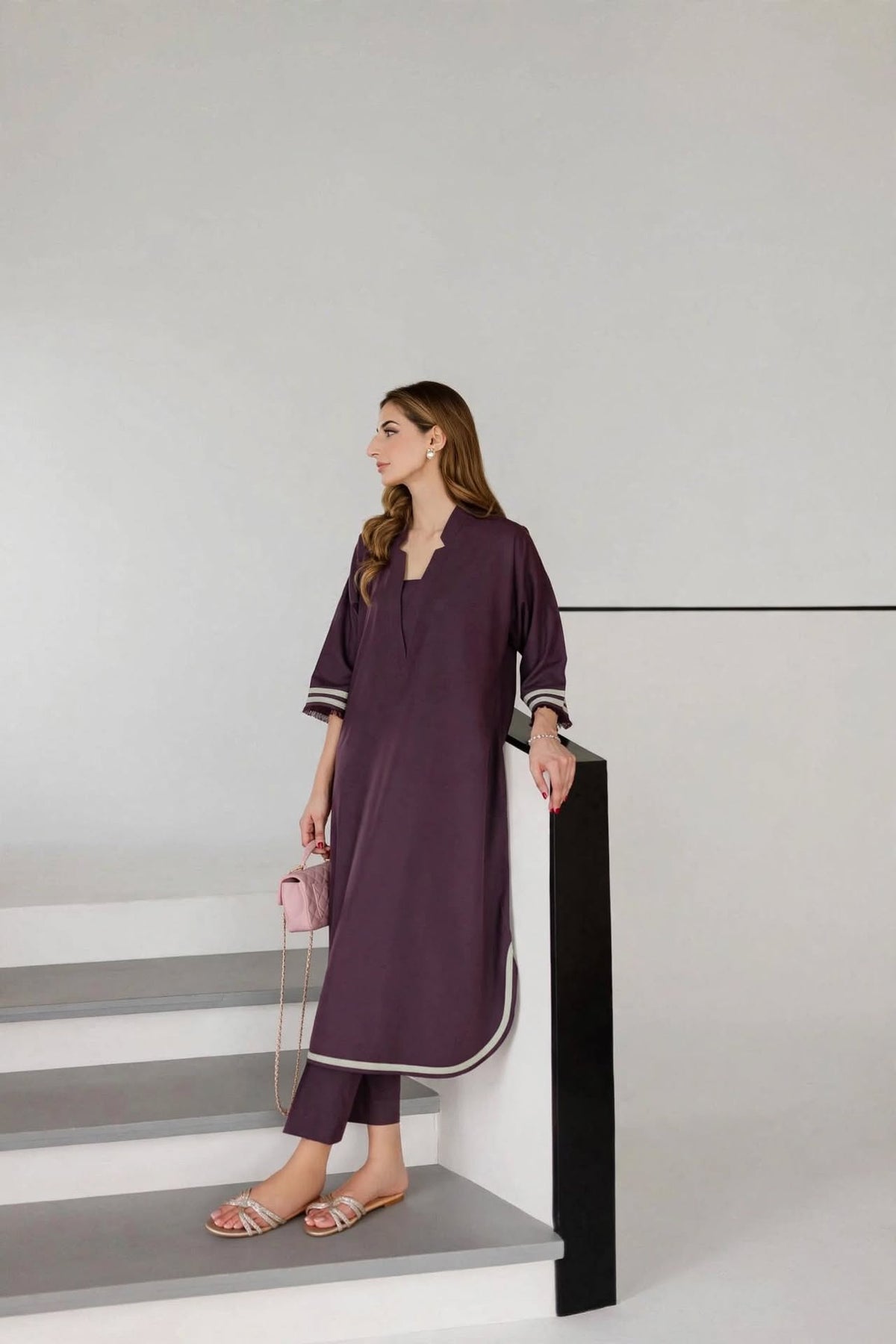 Plum Aubergine Kurta Co-Ord Set with Striped Cuff & Piping