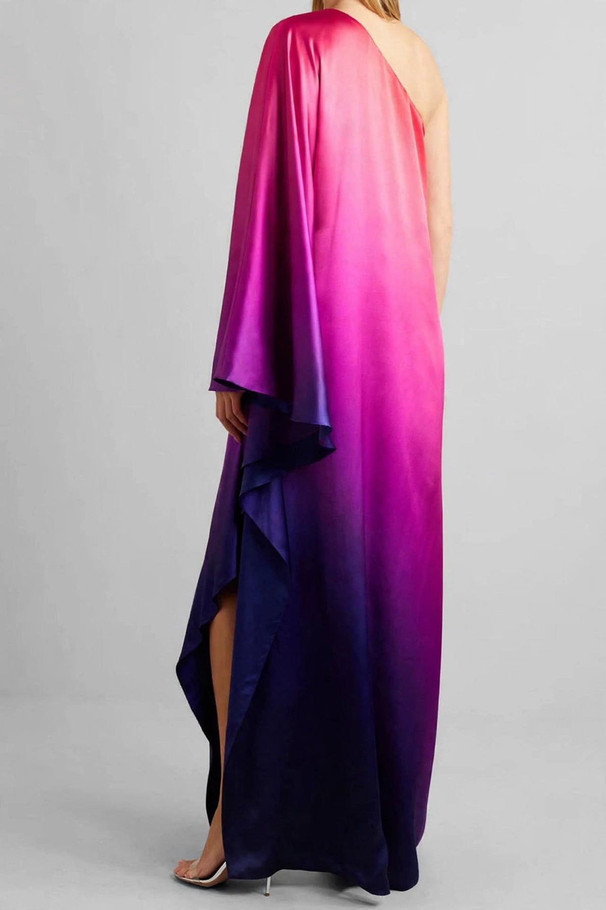 Ombre Sunset One-Shoulder Satin Kaftan Gown