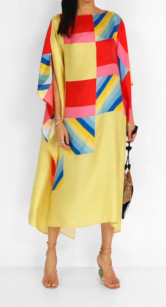 Multicolor Geometric Print Silk Kaftan Dress