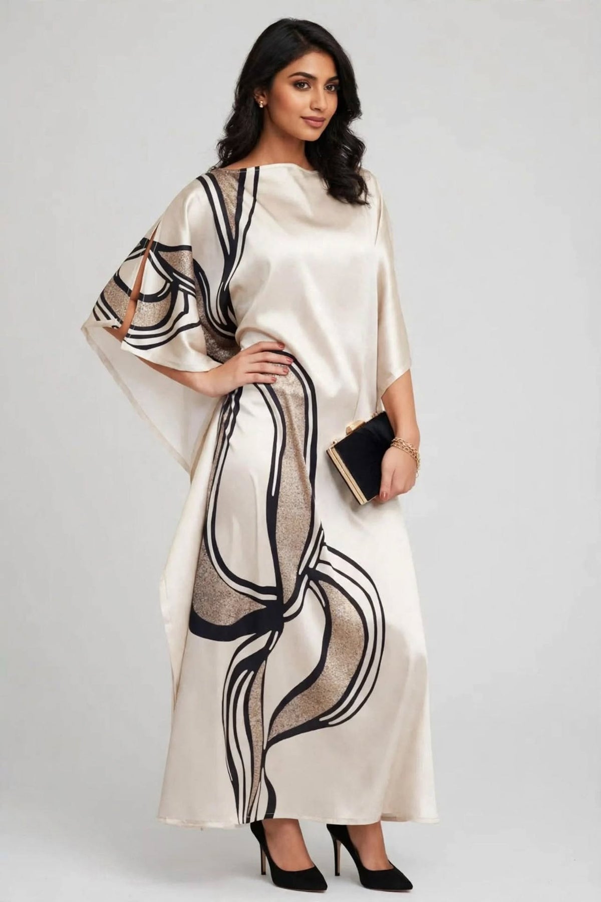 Abstract Pearl Printed Satin Kaftan Dress