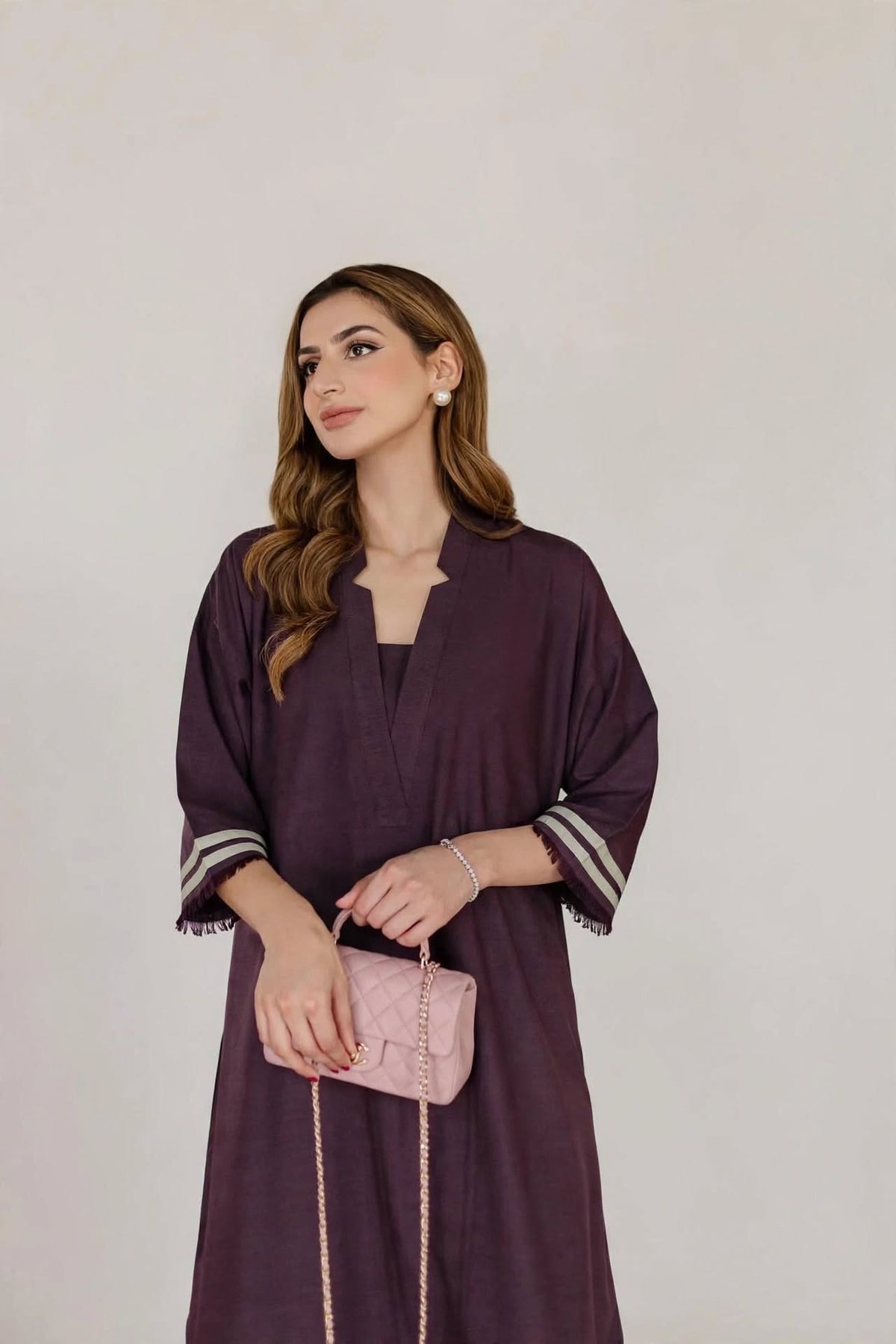 Plum Aubergine Kurta Co-Ord Set with Striped Cuff & Piping