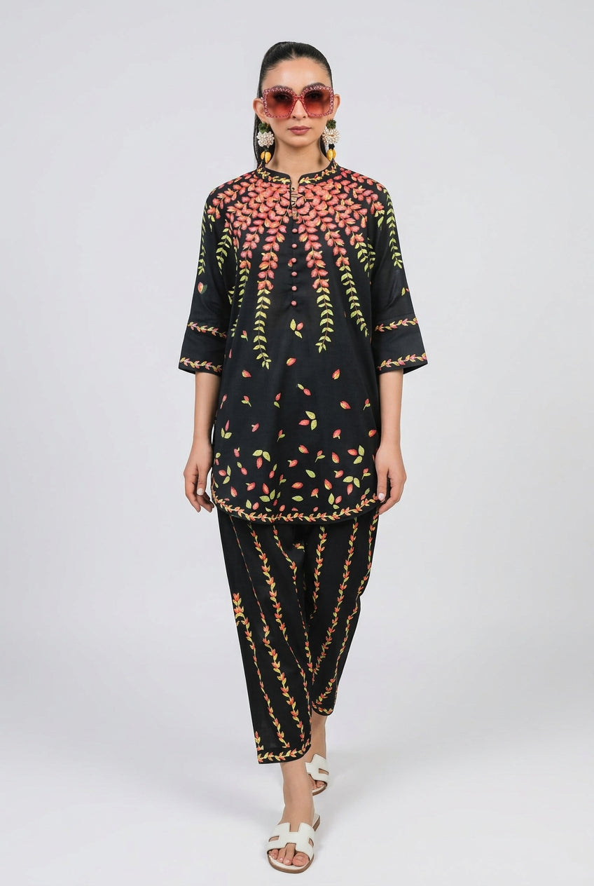Midnight Garden - Black Falling Leaves Co-ord Set