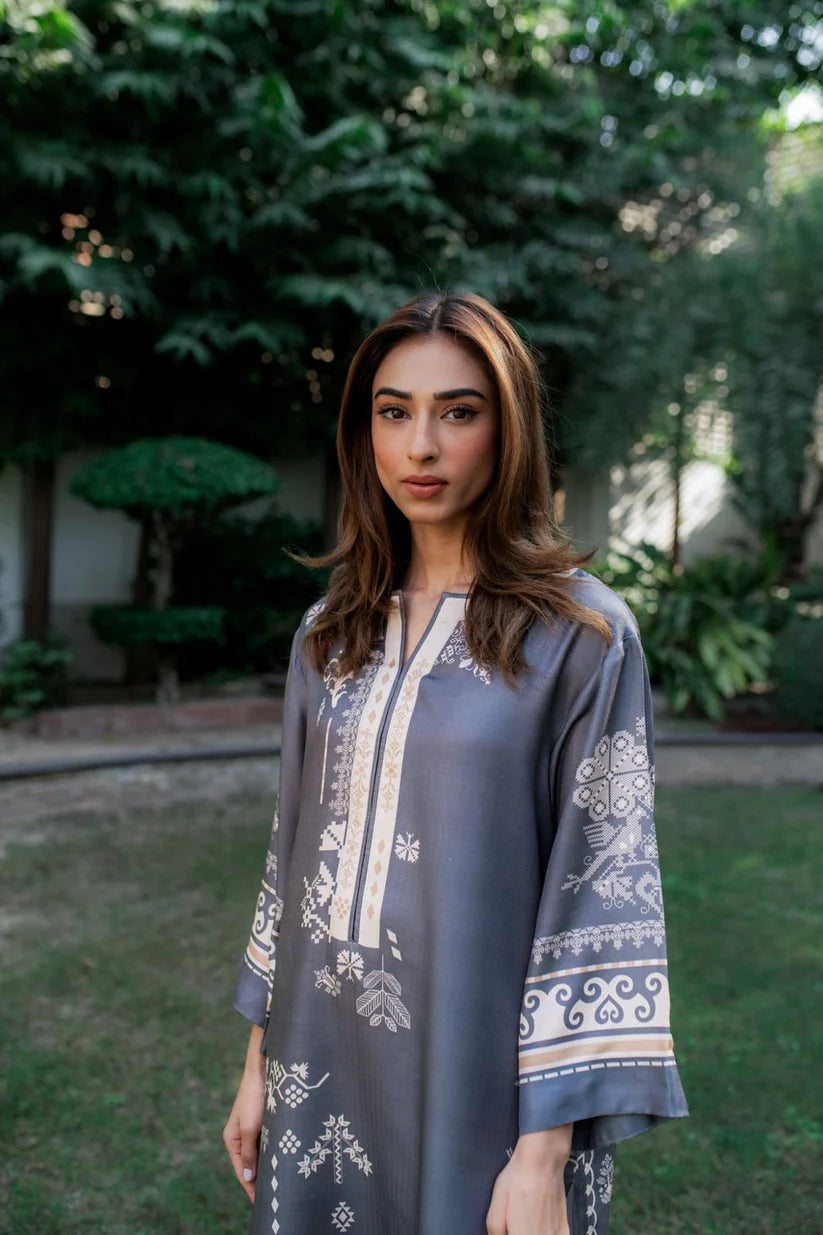 Stone Grey - Embroidered Ikat Co-ord Set