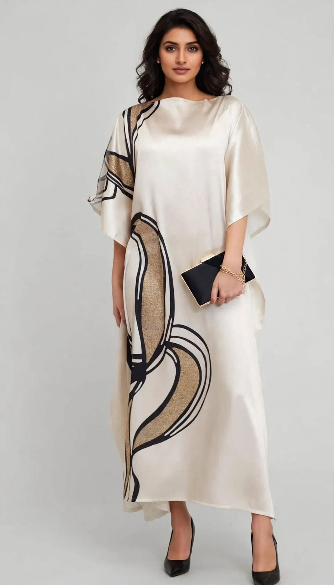 Abstract Pearl Printed Satin Kaftan Dress