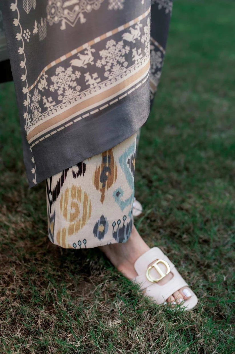 Stone Grey - Embroidered Ikat Co-ord Set