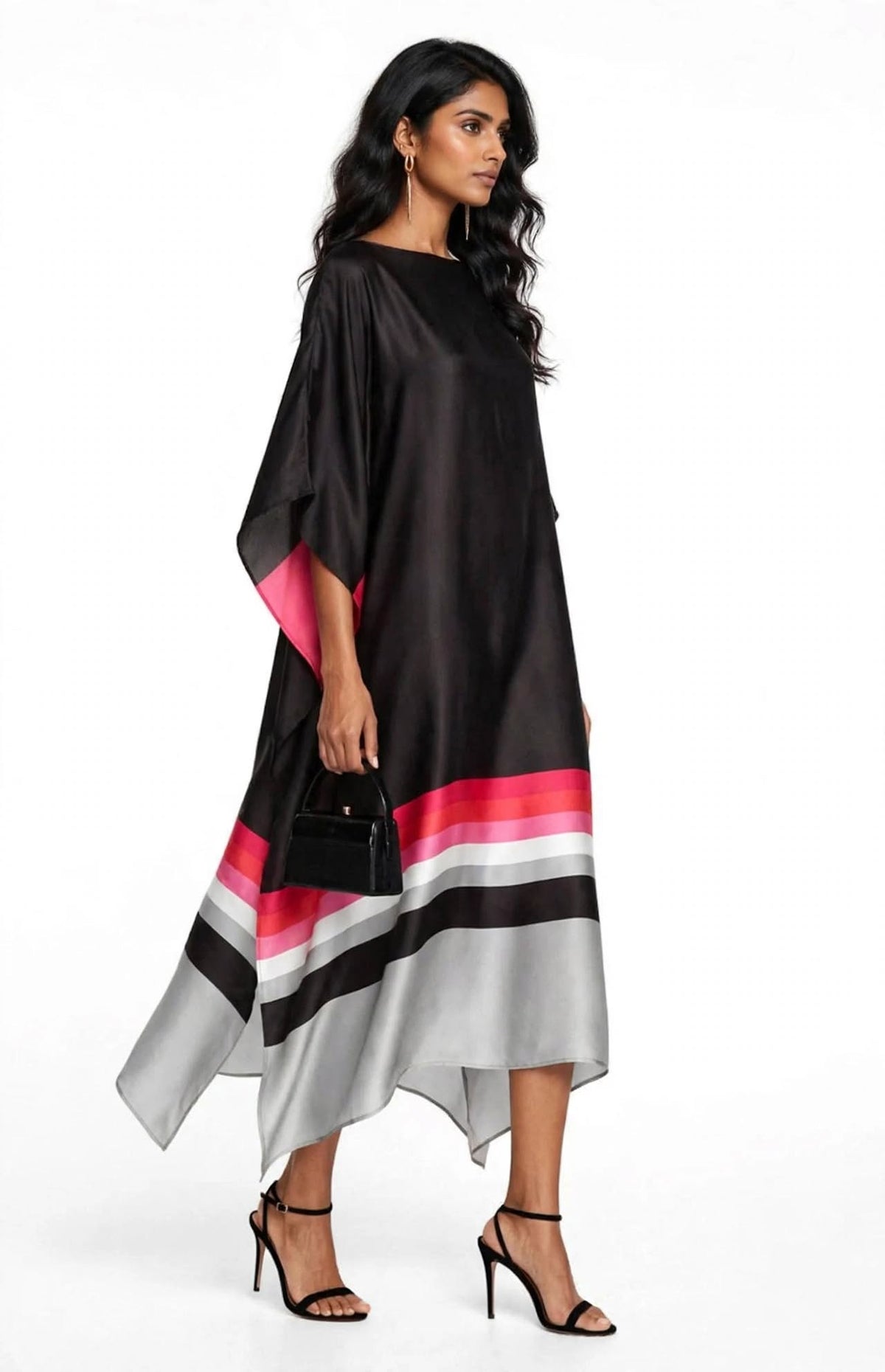 Sunset Stripe Satin Kaftan Dress - Black Multi