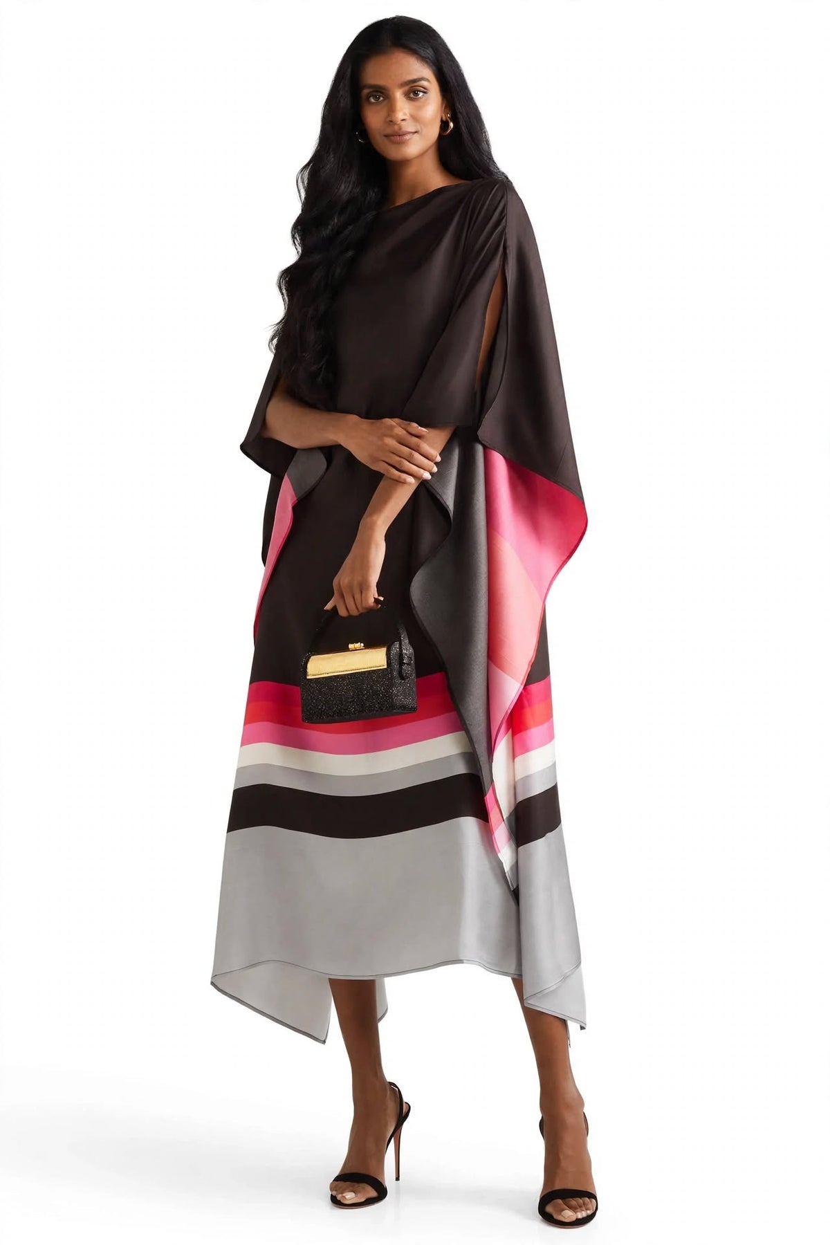 Sunset Stripe Satin Kaftan Dress - Black Multi