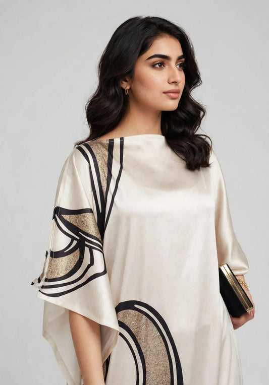 Abstract Pearl Printed Satin Kaftan Dress