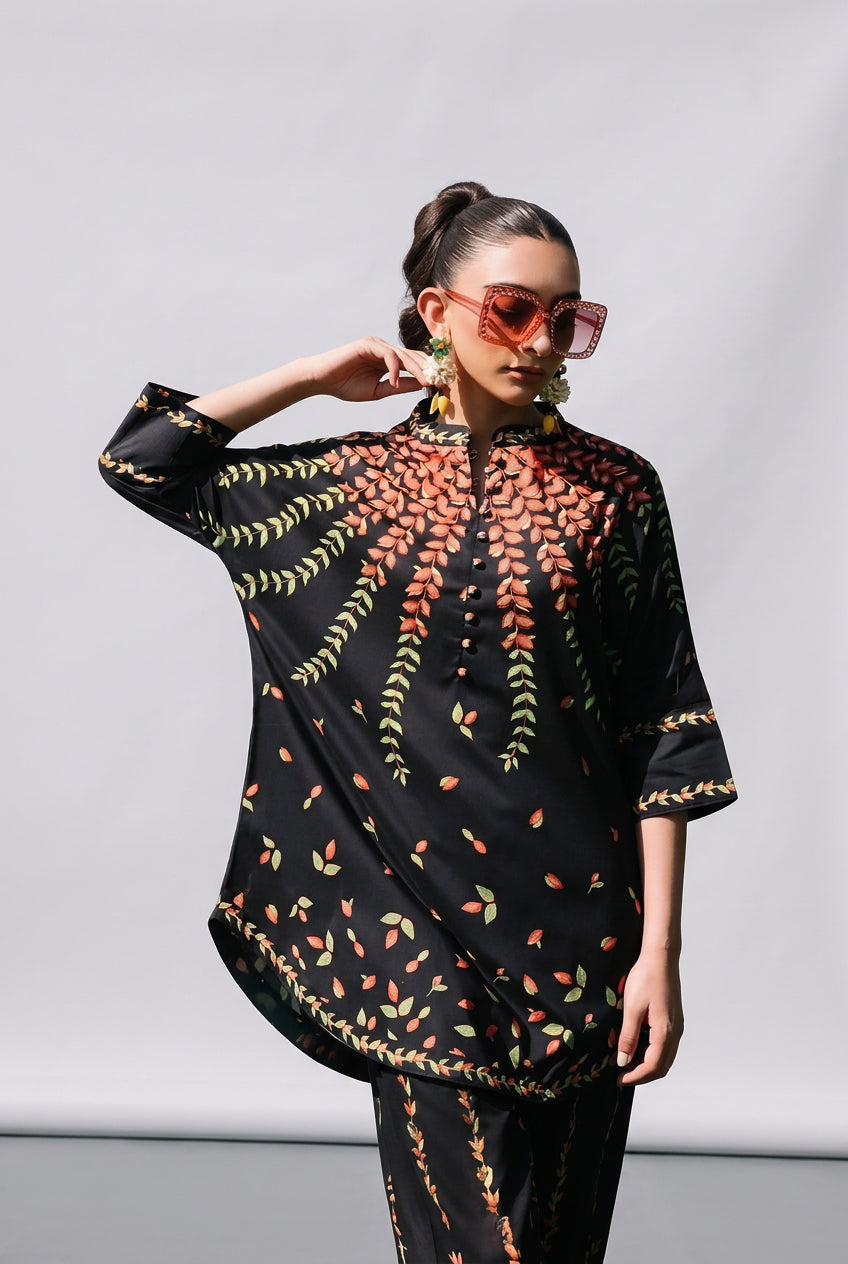 Midnight Garden - Black Falling Leaves Co-ord Set