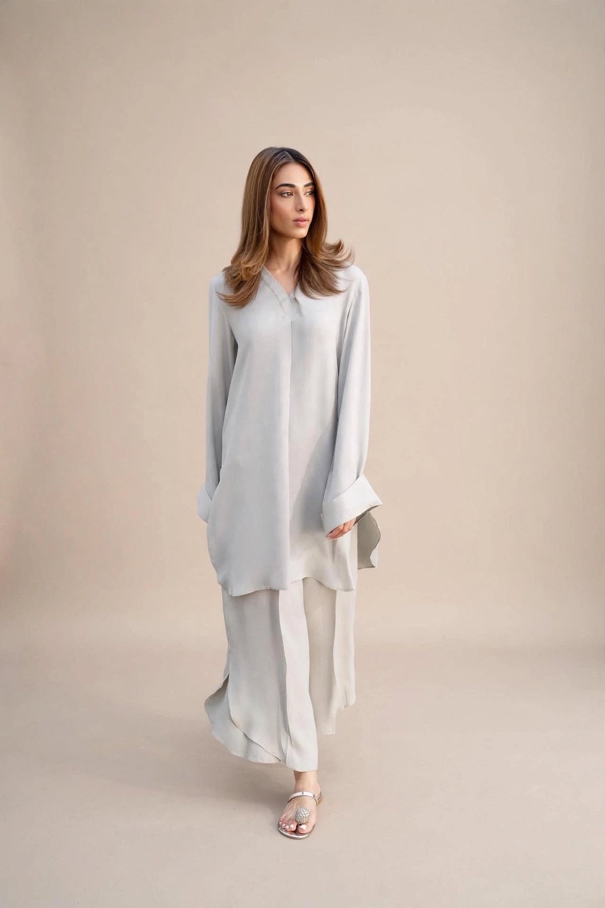 Pearl Grey Kurta Co-ord Set with Pearl Cuff Detail
