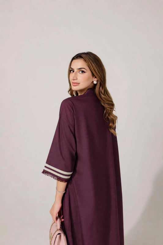 Plum Aubergine Kurta Co-Ord Set with Striped Cuff & Piping