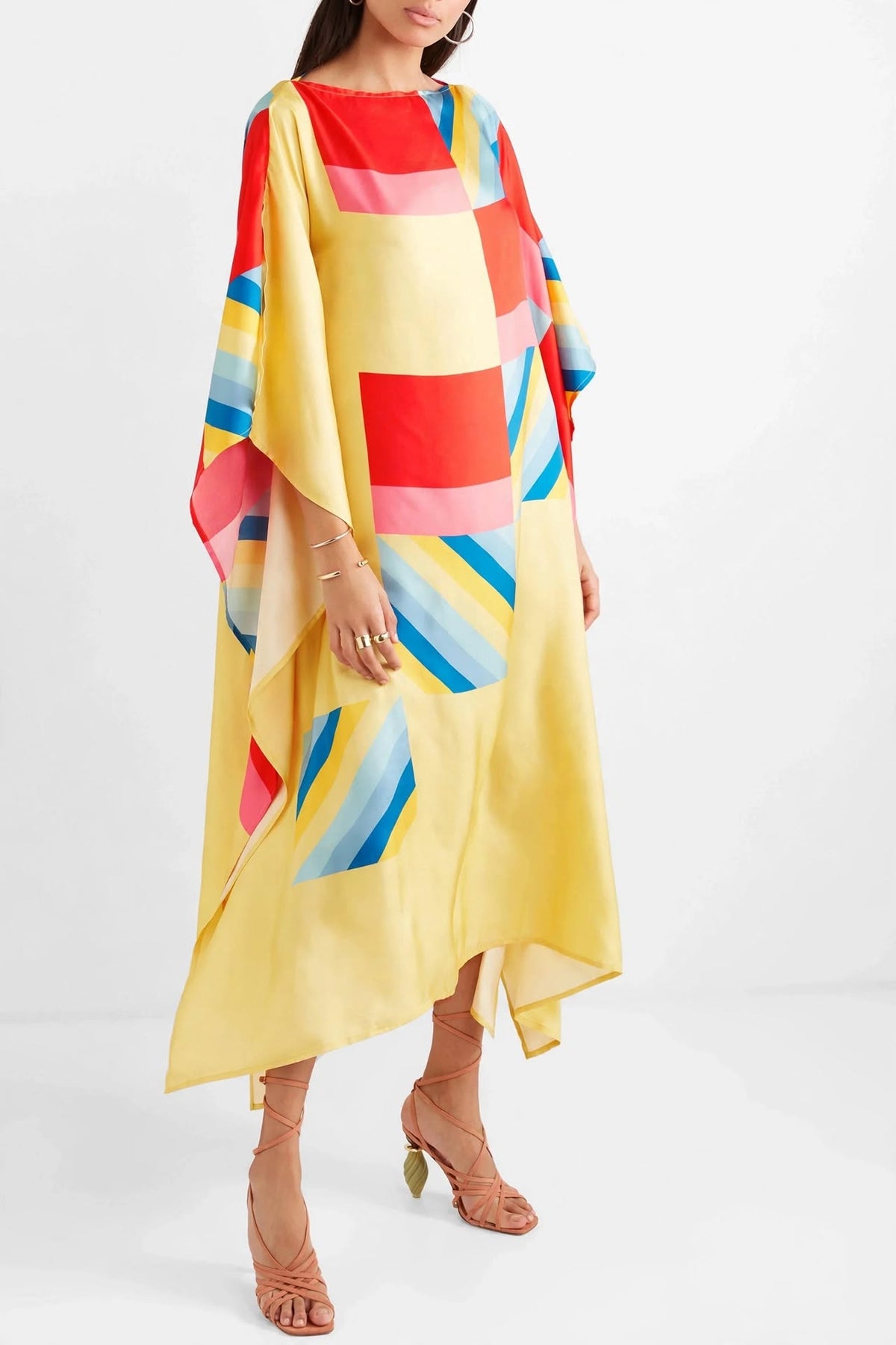 Multicolor Geometric Print Silk Kaftan Dress