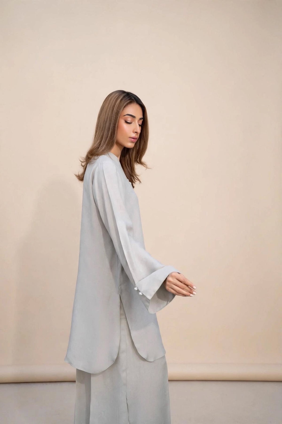 Pearl Grey Kurta Co-ord Set with Pearl Cuff Detail
