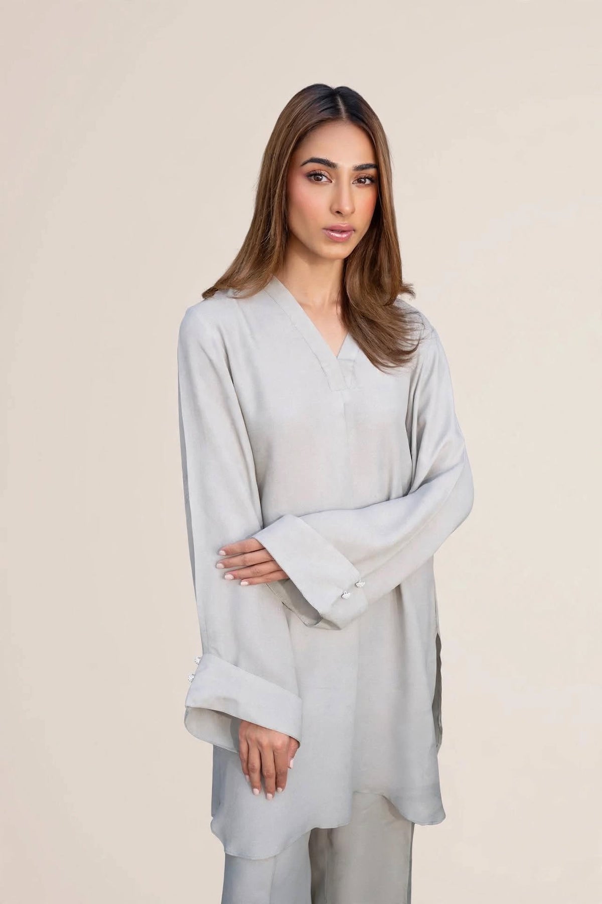Pearl Grey Kurta Co-ord Set with Pearl Cuff Detail