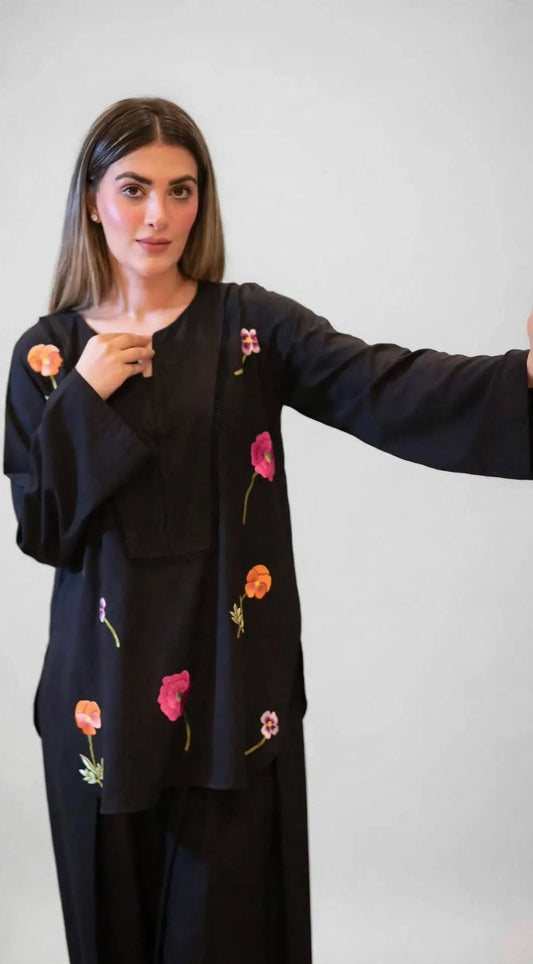 Midnight Bloom Embroidered Co-Ord Set - Black