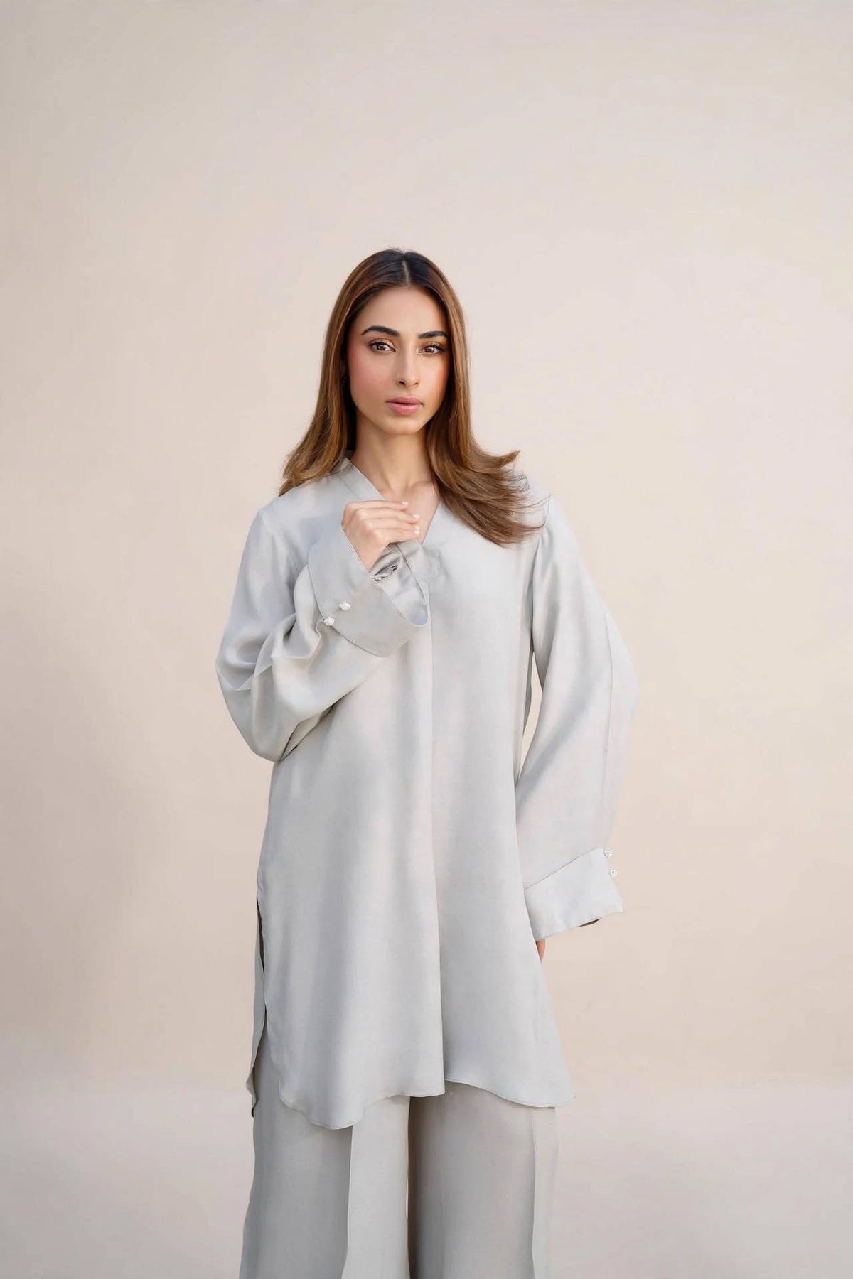 Pearl Grey Kurta Co-ord Set with Pearl Cuff Detail