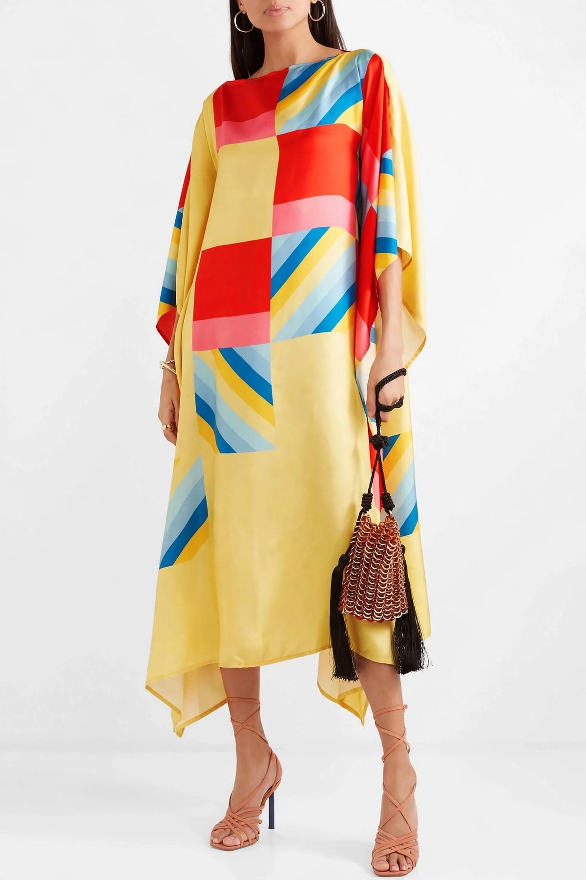 Multicolor Geometric Print Silk Kaftan Dress