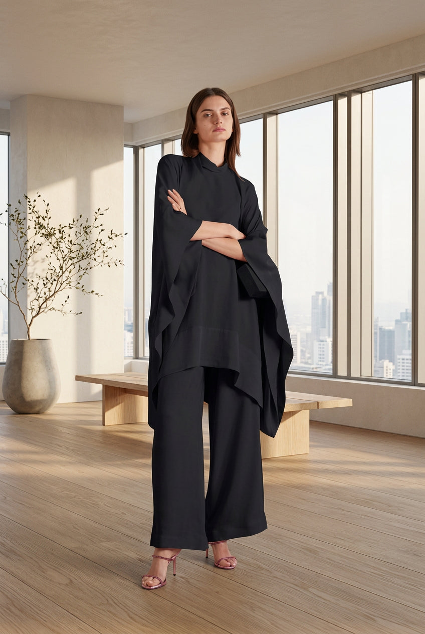 Black Asymmetrical High-Low Cape Kaftan Co-ord Set