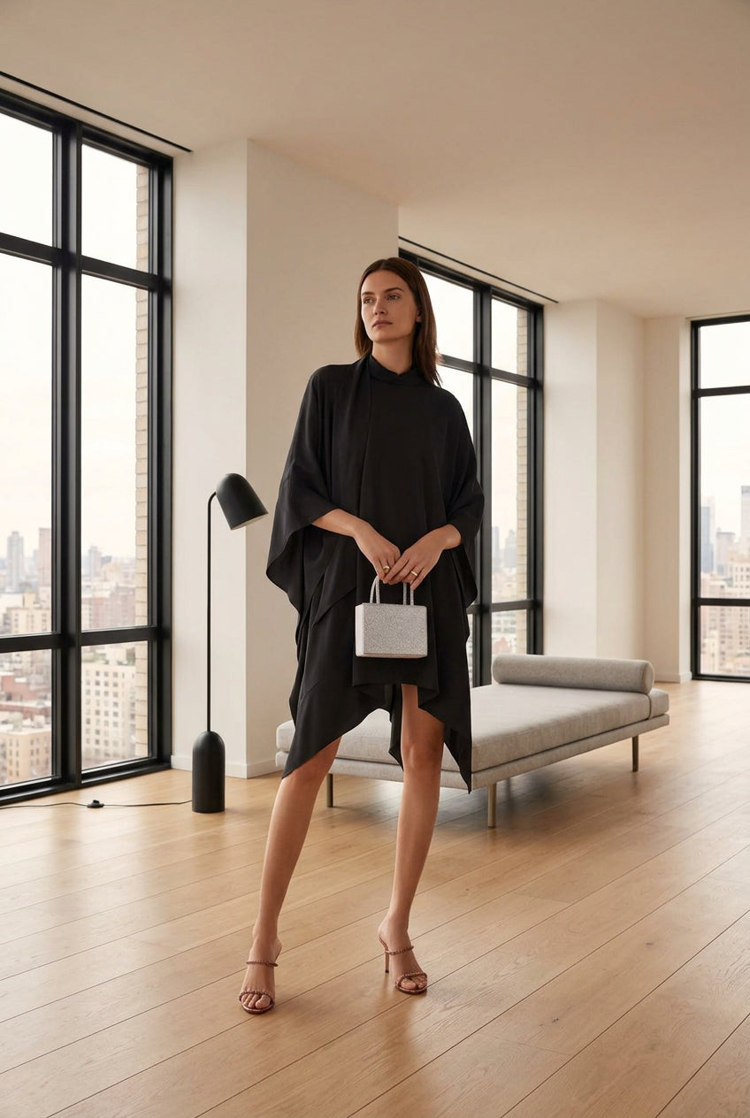 Black Asymmetrical High-Low Cape Kaftan Co-ord Set
