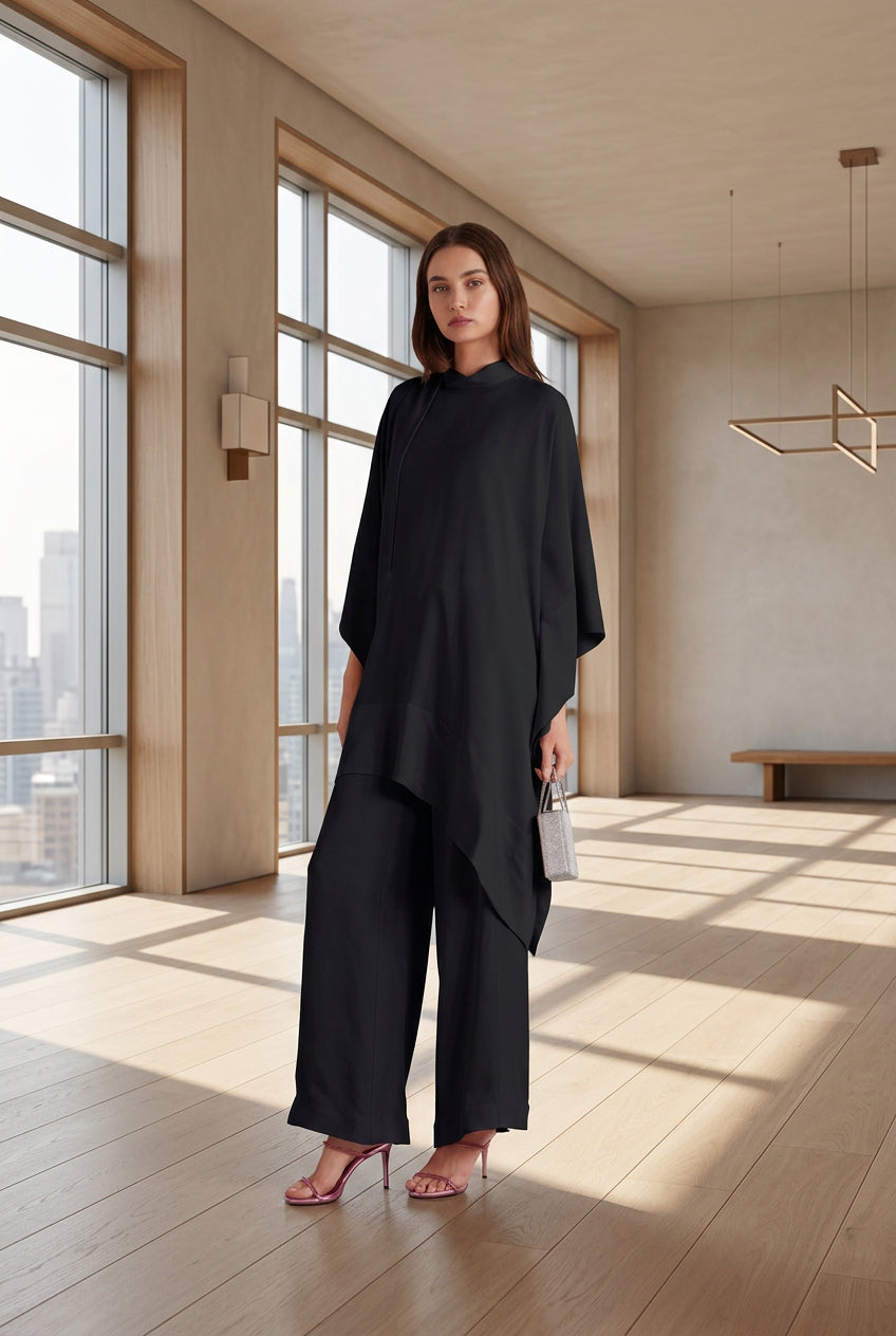 Black Asymmetrical High-Low Cape Kaftan Co-ord Set