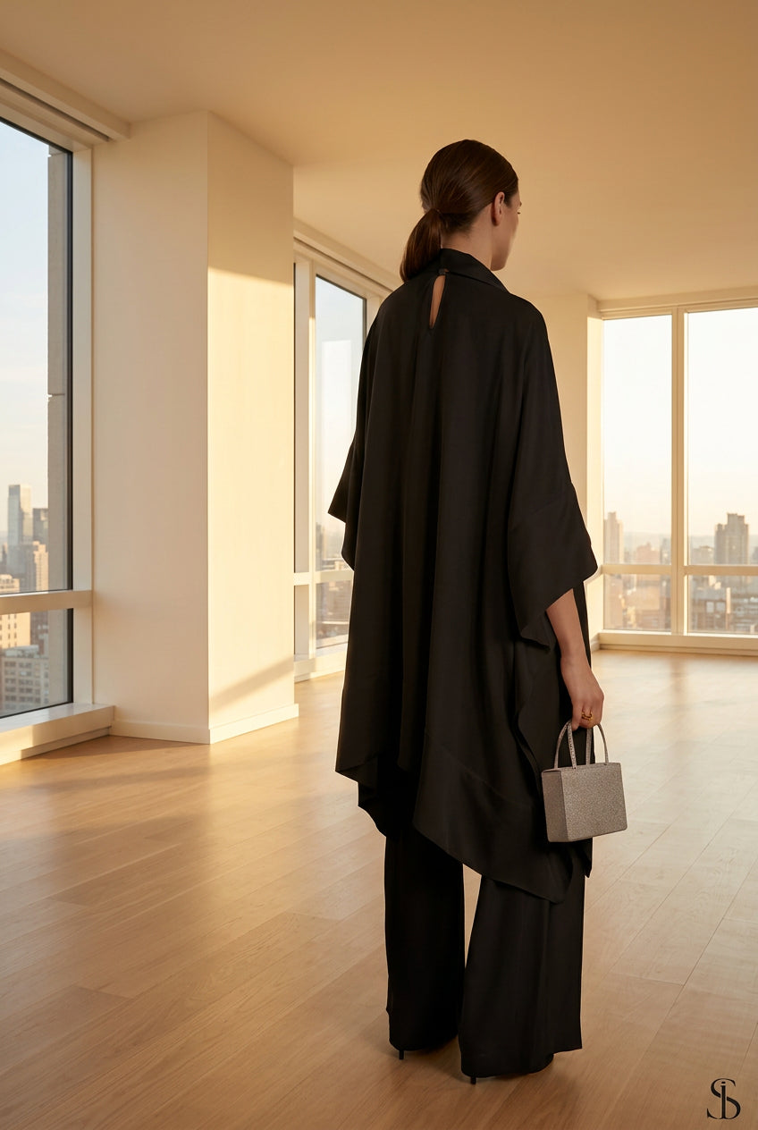 Black Asymmetrical High-Low Cape Kaftan Co-ord Set