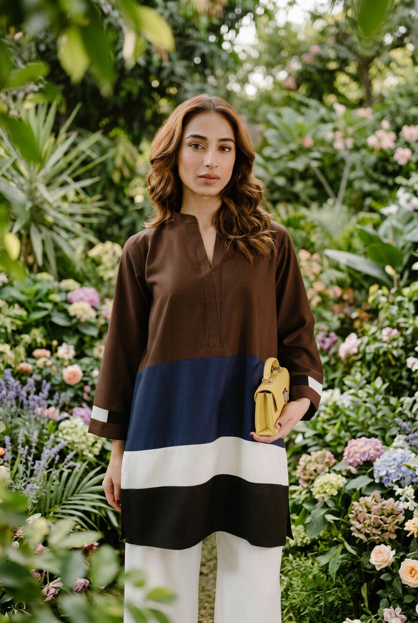 Brown Blue Color block Kurta Co-ord Set
