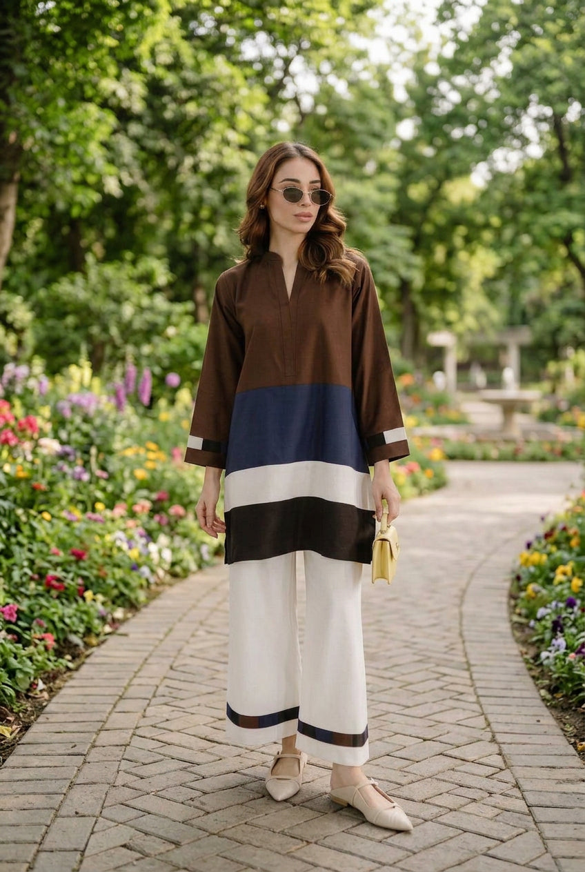 Brown Blue Color block Kurta Co-ord Set