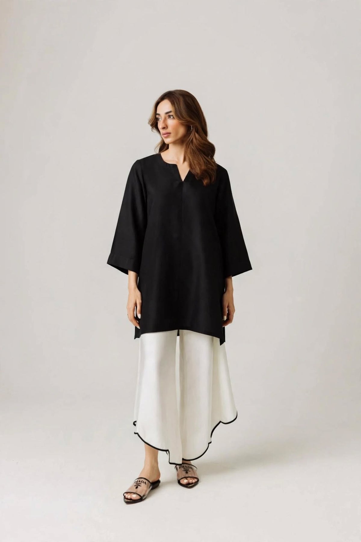 Black short Kurta & Scallop Hem White Palazzo