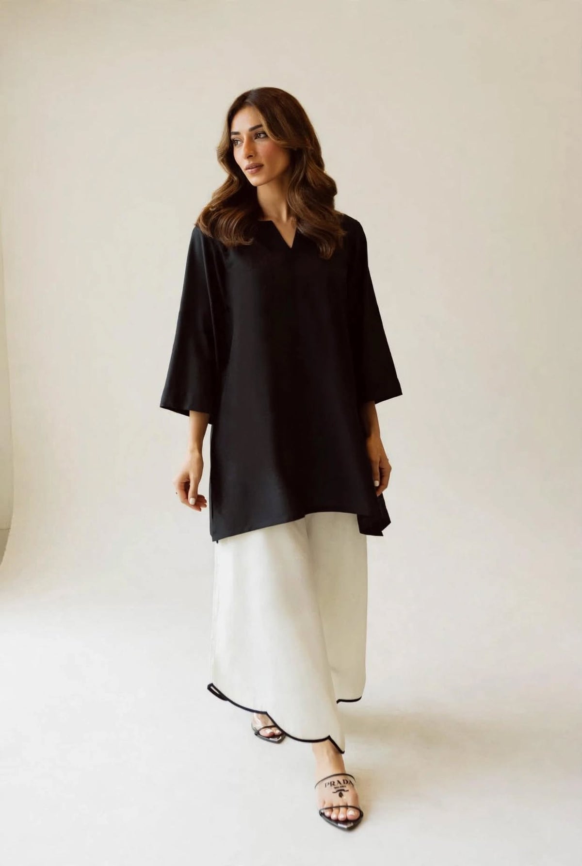 Black short Kurta & Scallop Hem White Palazzo