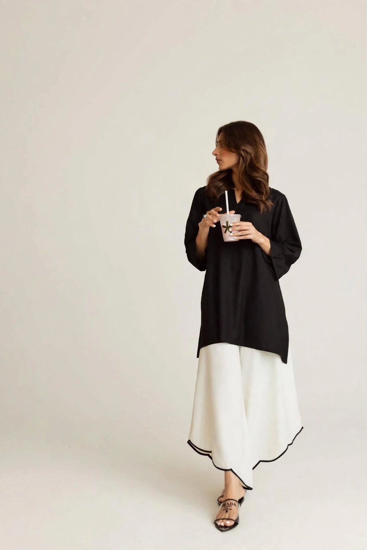 Black short Kurta & Scallop Hem White Palazzo