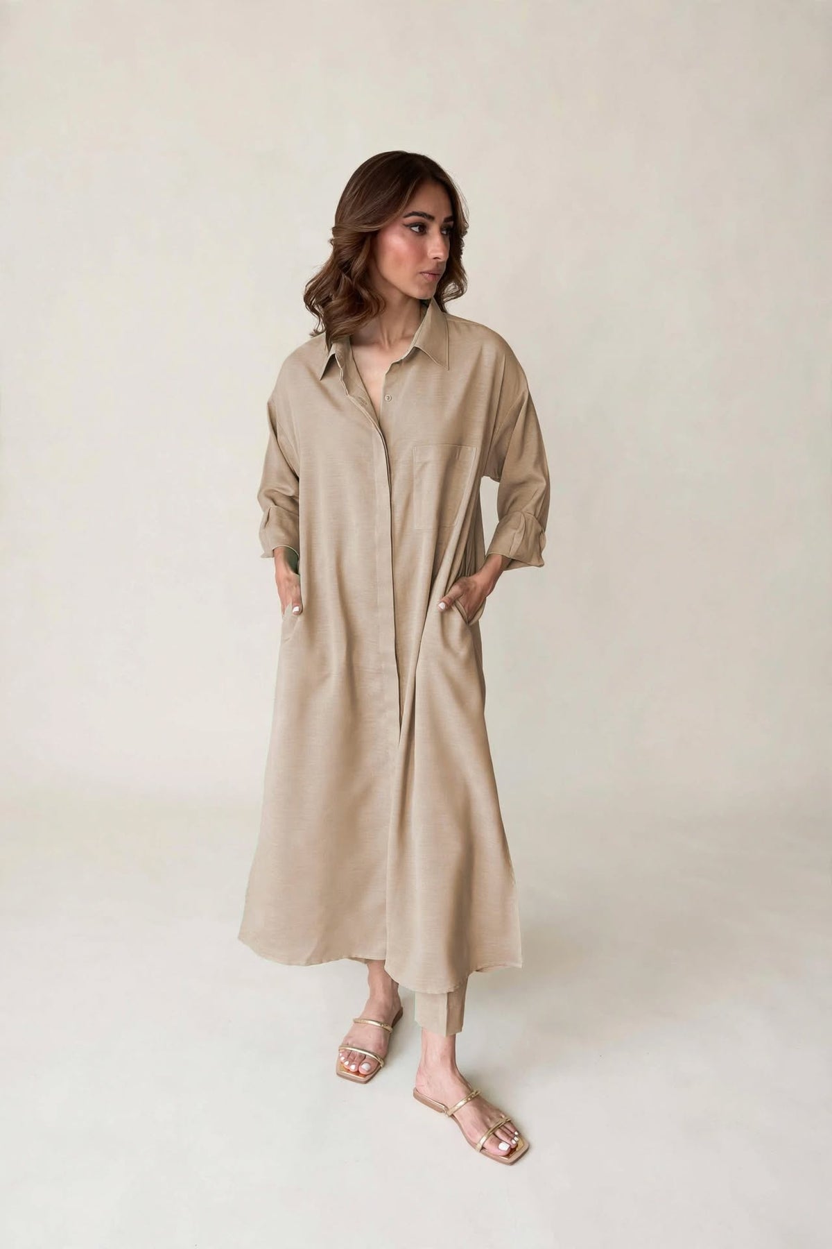 Latte Beige Longline Oversized Shirt Dress Co-ord Set