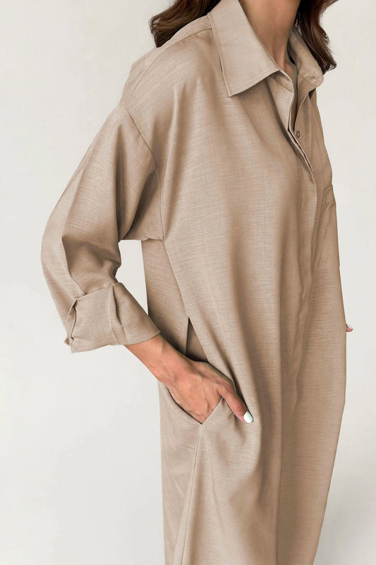 Latte Beige Longline Oversized Shirt Dress Co-ord Set