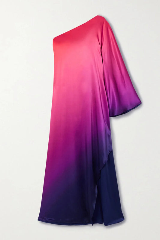 Ombre Sunset One-Shoulder Satin Kaftan Gown