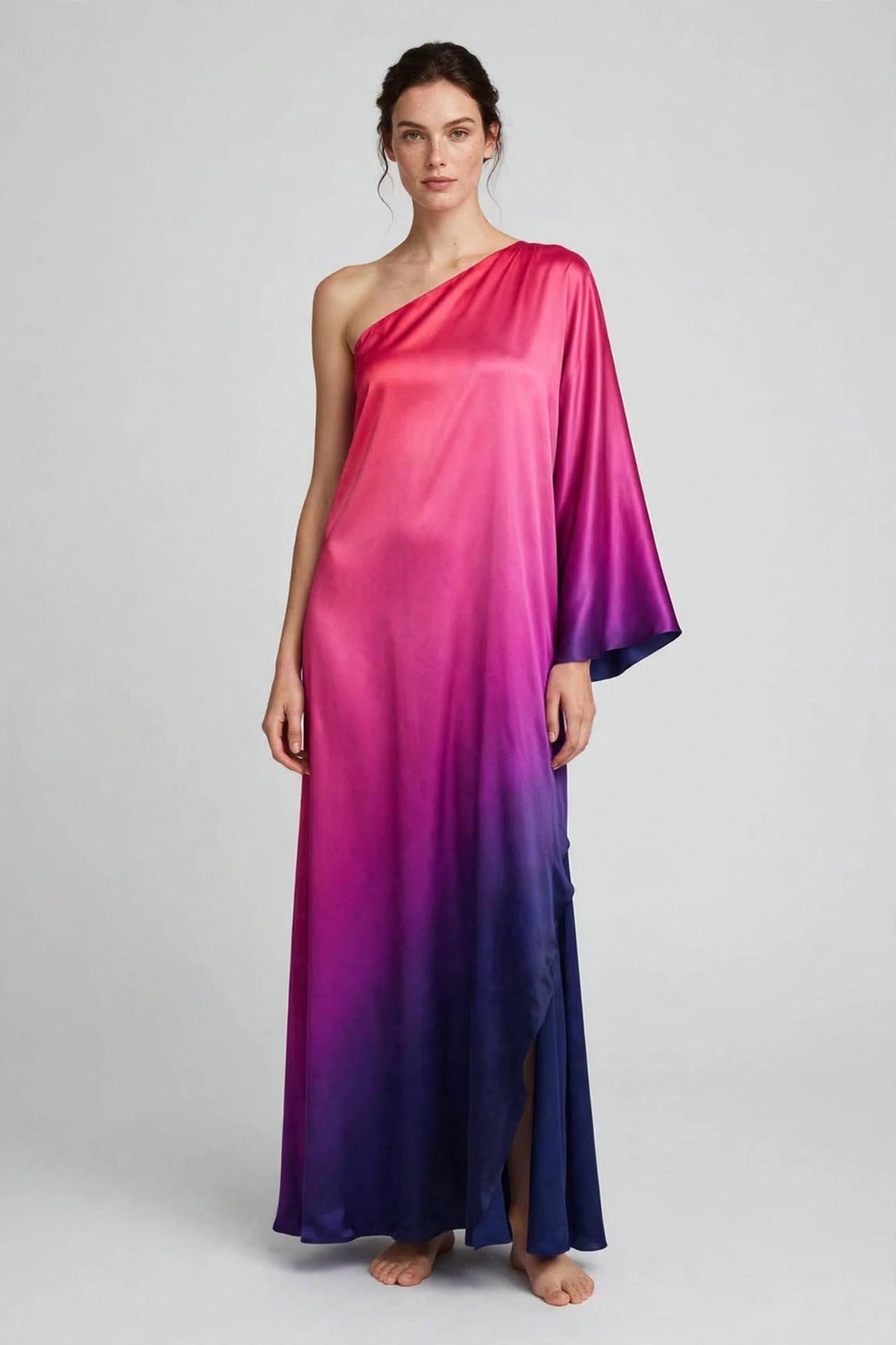 Ombre Sunset One-Shoulder Satin Kaftan Gown
