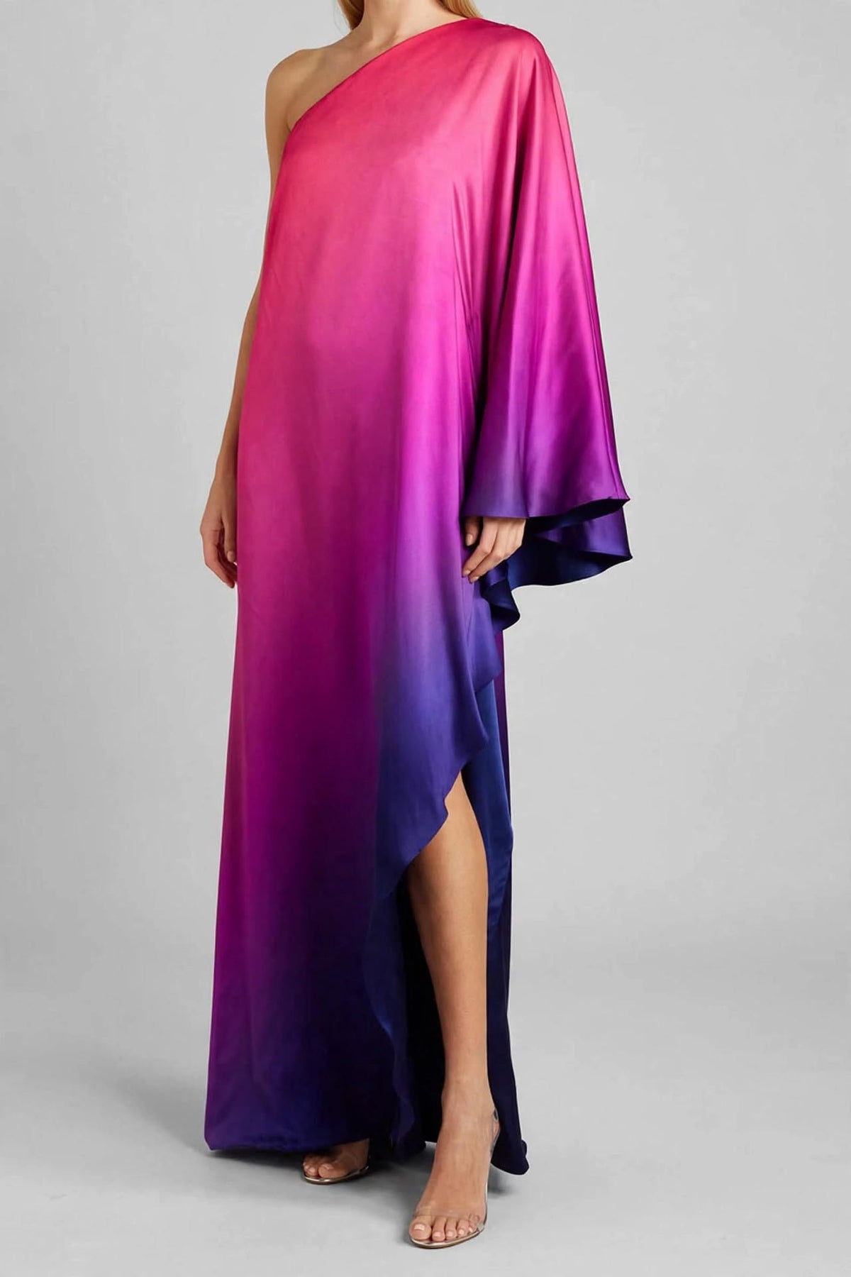 Ombre Sunset One-Shoulder Satin Kaftan Gown