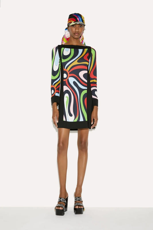 Psychedelic Swirl Print Mini Dress with Scarf