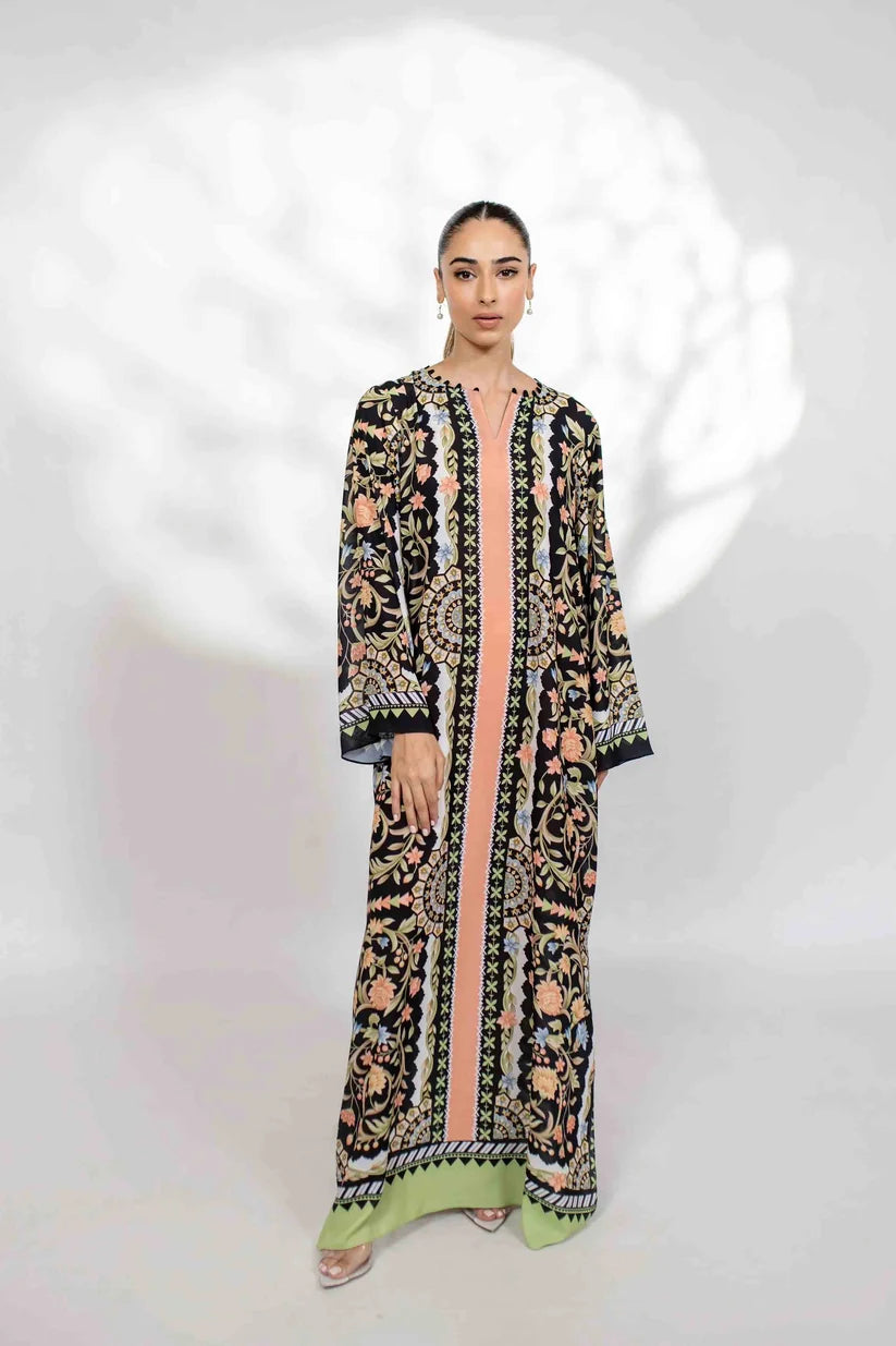 Noir Bloom - Black Multicolor Ornamental Print Kaftan