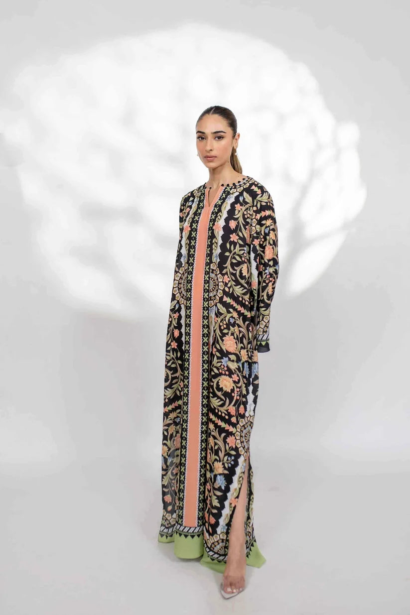 Noir Bloom - Black Multicolor Ornamental Print Kaftan