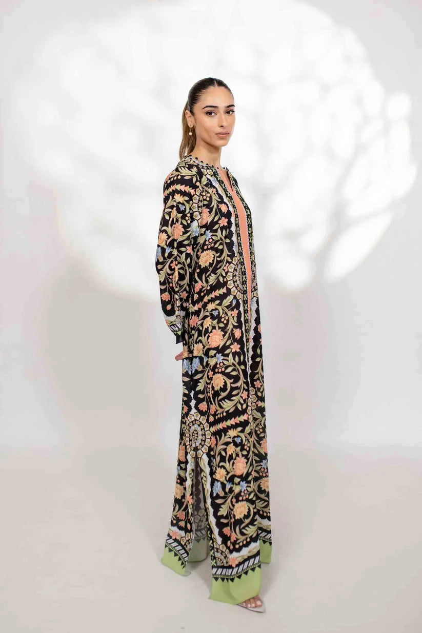 Noir Bloom - Black Multicolor Ornamental Print Kaftan