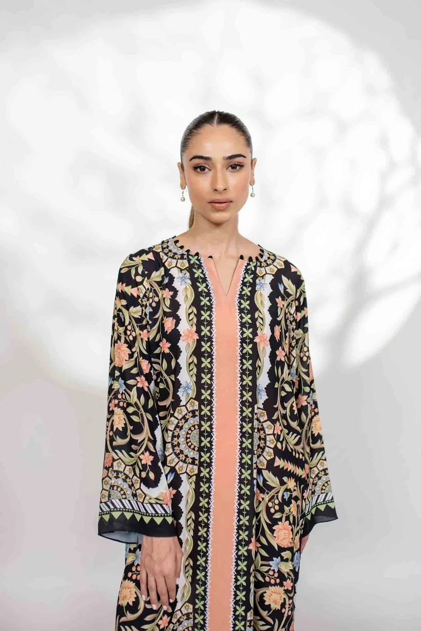Noir Bloom - Black Multicolor Ornamental Print Kaftan